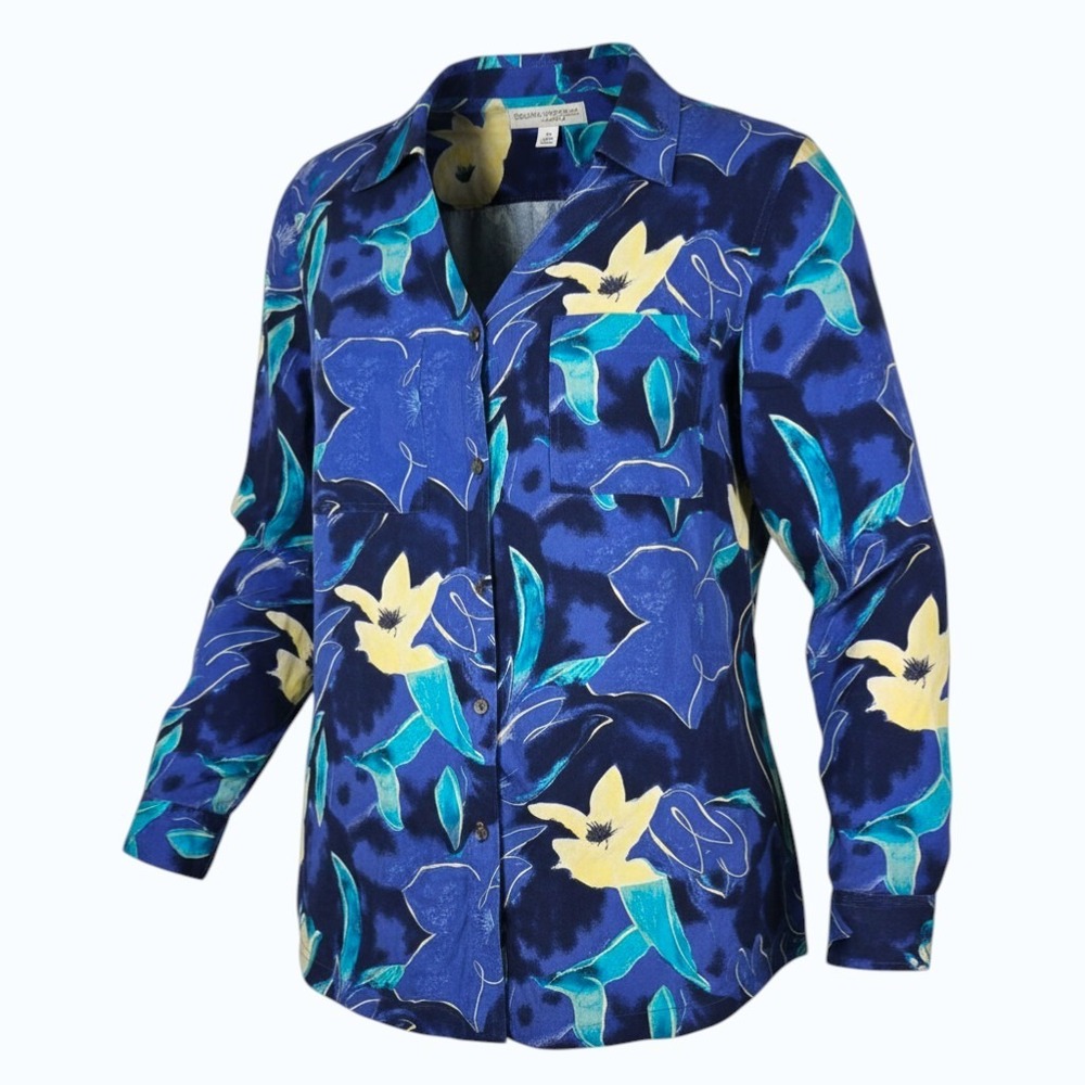 Valerie Stevens II Pure Silk Floral Button Up‎ Blouse Blue Yellow Plus Size 18W